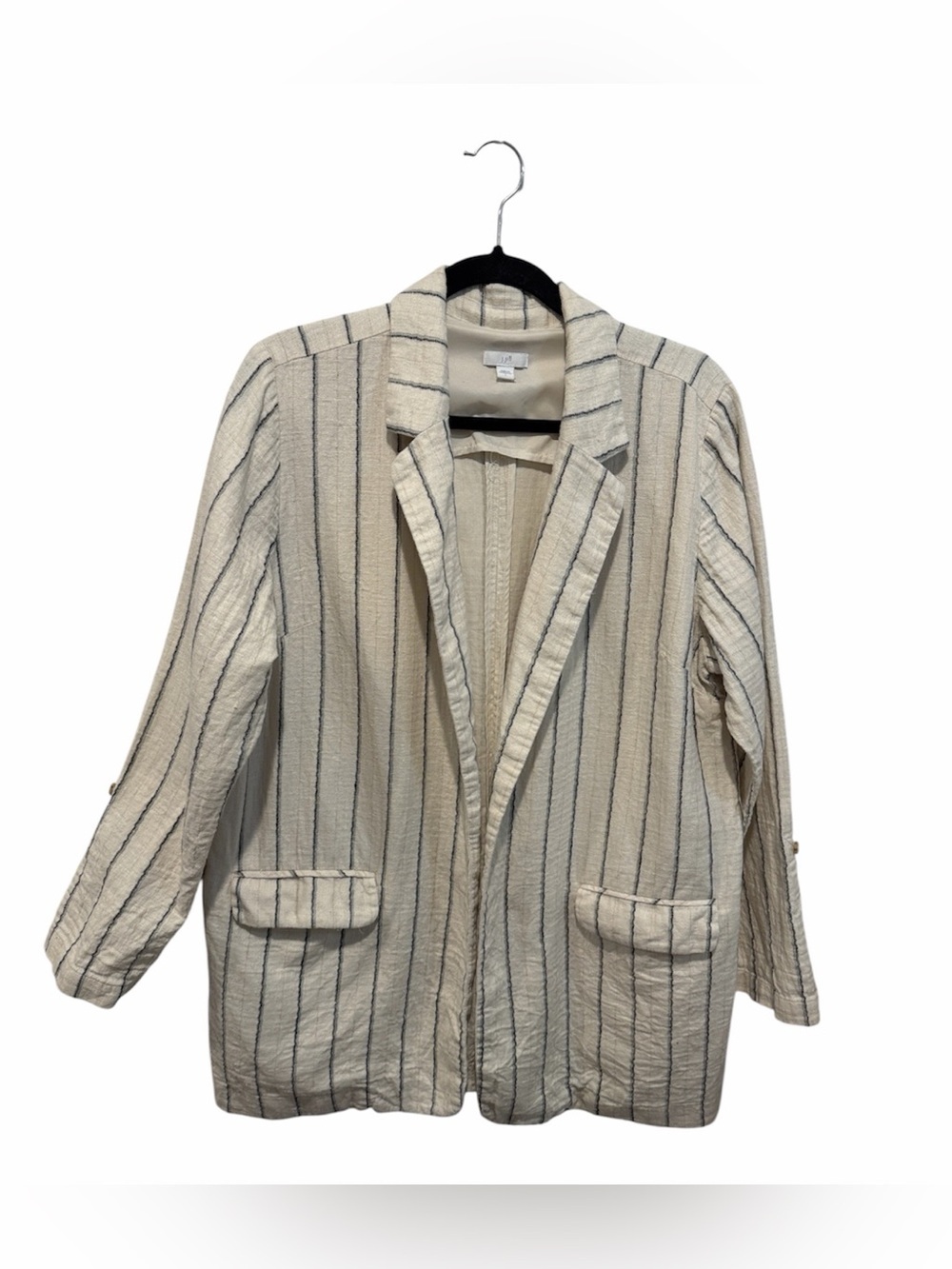 J.Jill women’s cream blue gray stripe linen blend open front blazer large